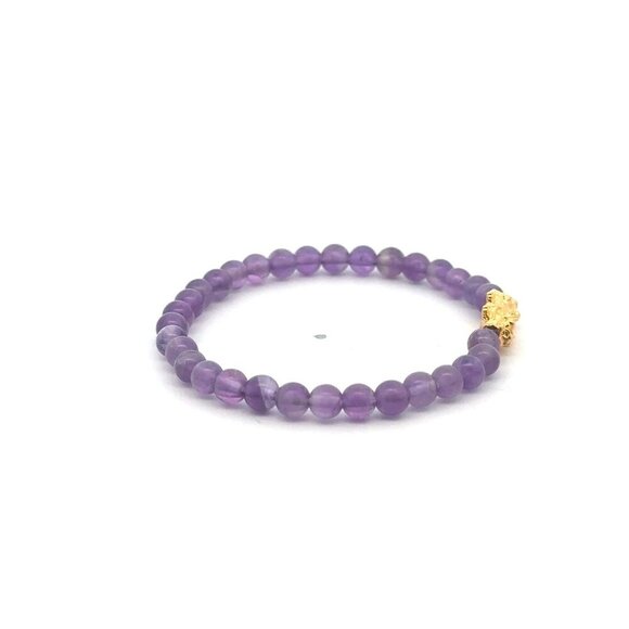 18K Gold Pixiu Piyao Bracelet Gemstone Mini Beads Amethyst 4mm February Birthsto - Picture 3 of 6